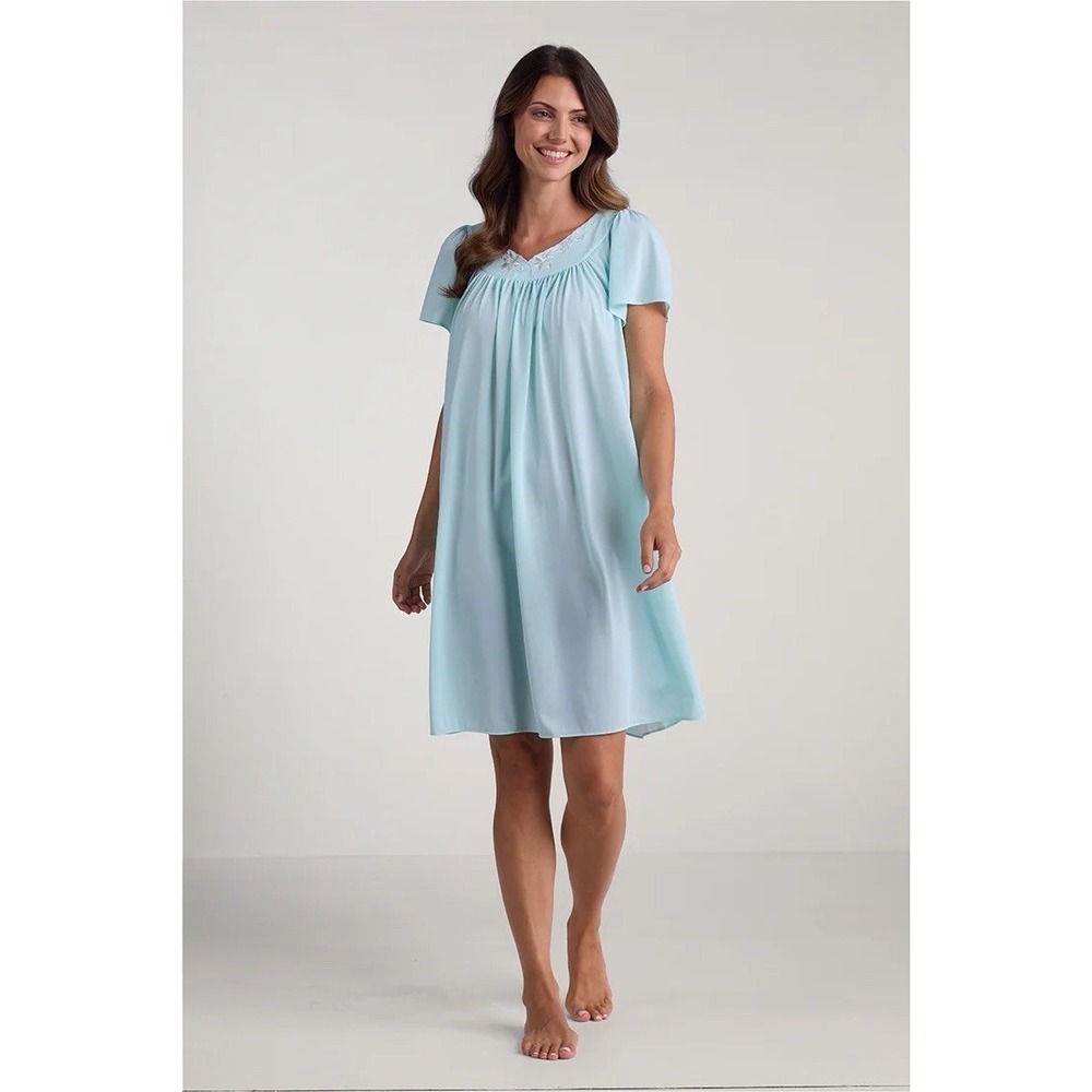 Miss Elaine Classic Light Blue Nylon Slip Dress Flutter Sleeve Nightgown Size XL